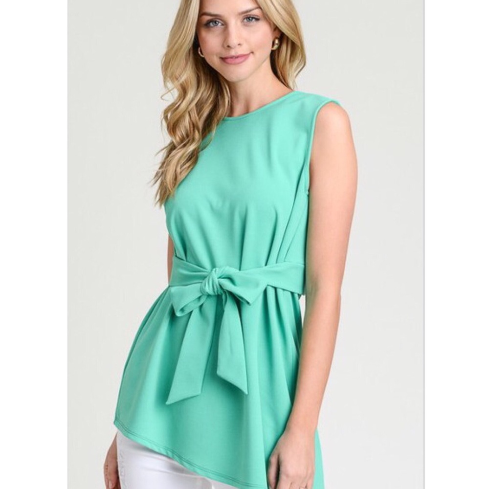 Dressy Top Mint Green Sleeveless Tie Waist Blouse Classy Chic Top